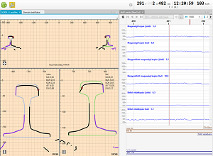 Worn transversal rail profile and graph of wear parameters